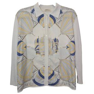 Hermes Spinnakers White Blue Yellow Ribbed Cotton Sweater Blouse Women XL 10 12